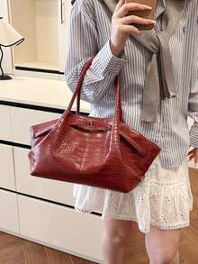 Bolso de tote de gran capacidad, nuevo bolso de hombro/axila de mujer con pliegues y estampado de cocodrilo - Rojo - Ver 2
