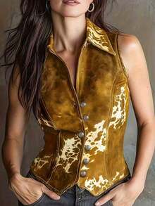 Blusa sin mangas con estampado de solapa para mujer - Amarillo - Ver 1
