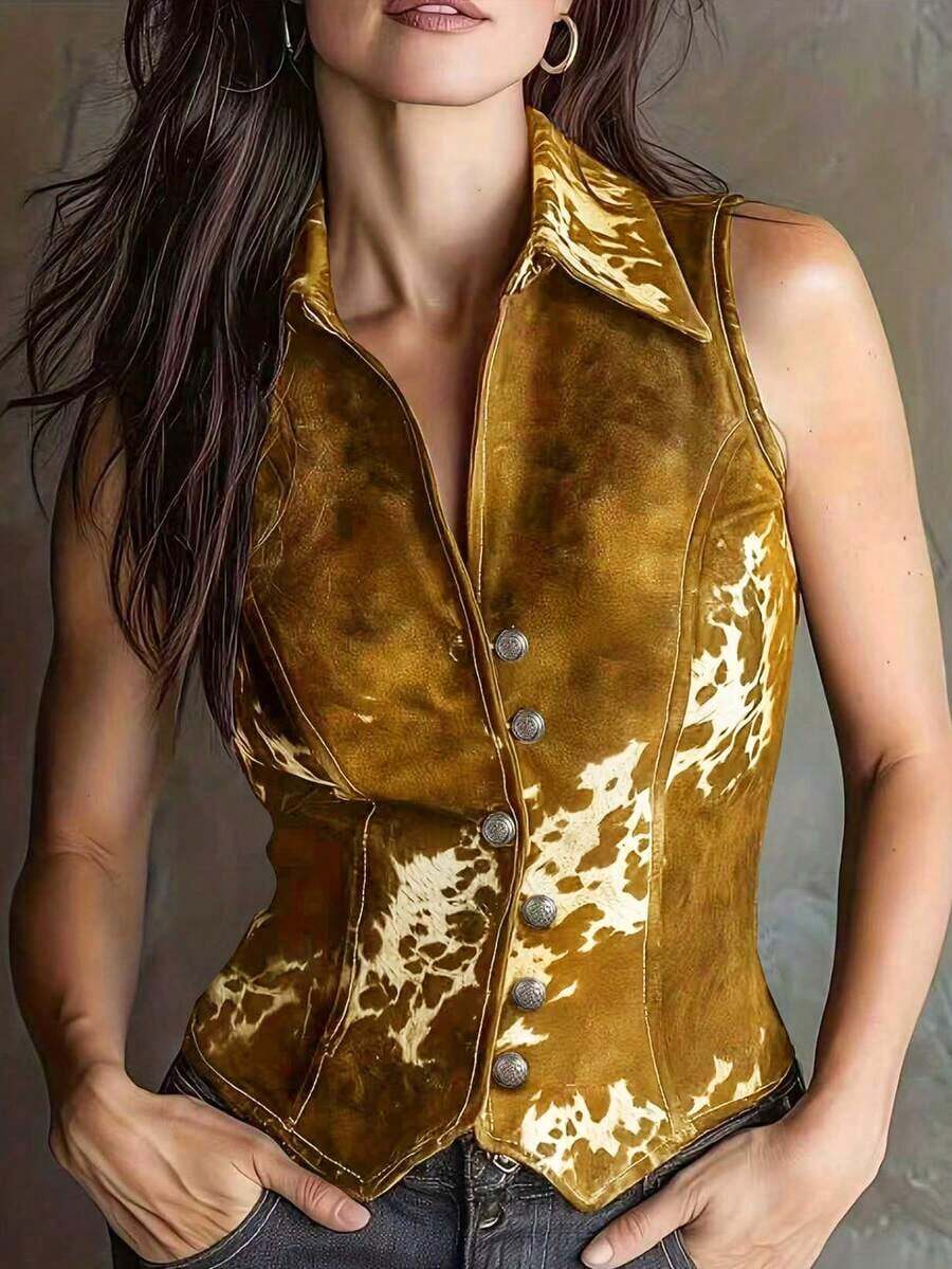 Blusa sin mangas con estampado de solapa para mujer - Amarillo - Ver 1