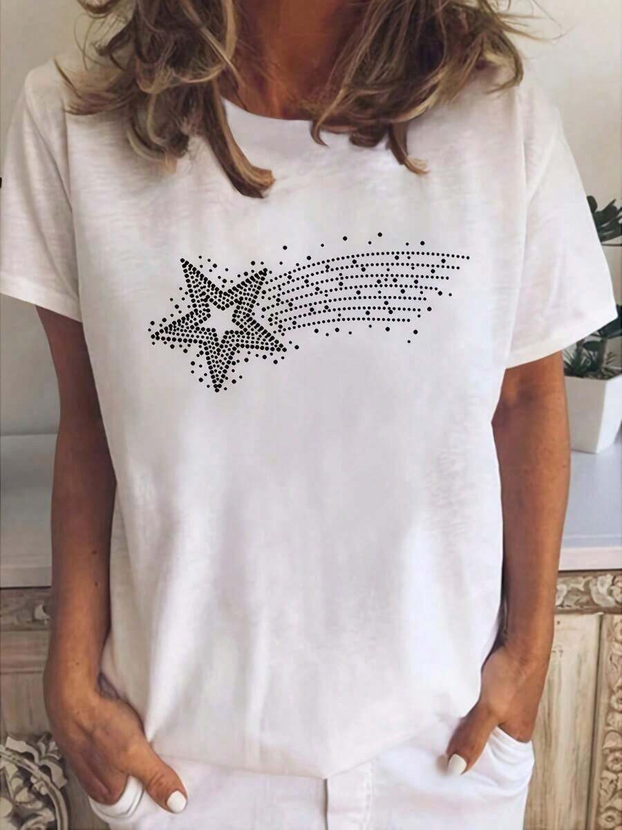 Women's Star Print T-Shirt, Loose And Comfortable, Cute Loungewear, Sportswear, Outdoor Wear, Work And Party T-Shirt, Comfortable And Lightweight T-Shirt. - 白色的 - 查看 1
