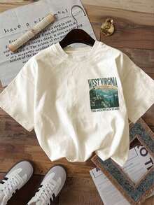 Gift Women's Double-Sided Print Blouses, Women's Casual Summer Top, Vintage Style, West Virginia The Mountain And Bear Print, Crew Neck, Short Sleeve, Size L, Gym Y2K, Crew Neck, 100% Cotton, Soft Fabric, Short Sleeve. Soft - 杏 - 查看 3