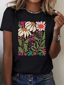 1 Piece, 100%, Cartoon Daisy Print T-Shirt, Women's Seasonal Casual T-Shirt, Short Sleeve Crew Neck T-Shirt, Outdoor Sports, Holiday Gift - 黑色 - 查看 2