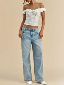 Women Summer Coquette Off Shoulder Ruffle Lace Crop Top Twist Front Short Sleeve Blouse - White - View 4