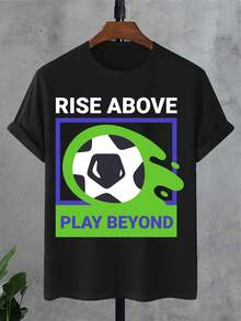 Camiseta de manga corta para hombre, de tela gruesa, negra, con estampado motivacional de fútbol y "RISE ABOVE", cuello redondo, informal, para fans, ropa de verano, transpirable, duradera, estilo urbano (diseño de portería de fútbol). Camiseta de talla grande 2026, cuello redondo, corte regular, lavable a máquina, regalo perfecto para cumpleaños y fiestas, ropa festiva, diseño divertido, cómoda. - Negro - Ver 6