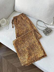 Pantalones anchos de pierna negros con diseño de estampado de leopardo retro elegante, pantalones rectos con cintura elástica con cordón, uso casual, vuelta al colegio - Naranja - Ver 8