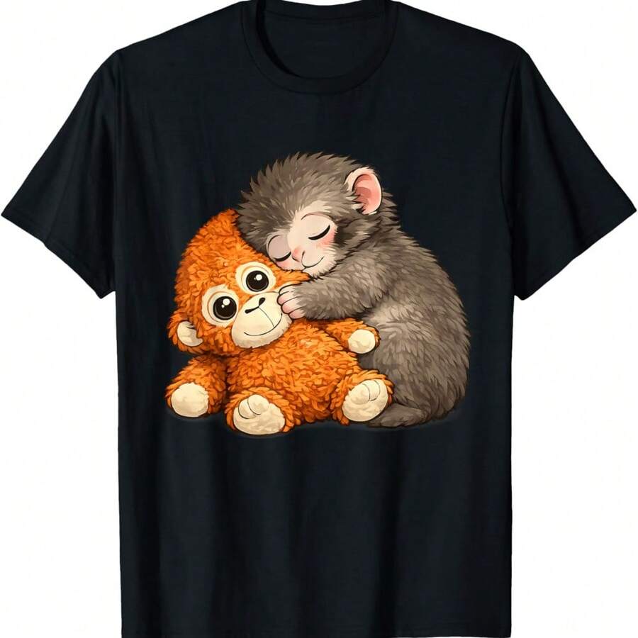Punch The Monkey Cuddling Stuffed Animal Meme Viral Internet T-Shirt - Black - View 1