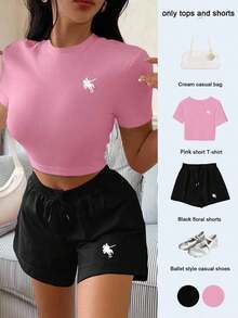 Conjunto casual de camiseta con estampado bordado de corazón y shorts de cintura elástica para mujer, adecuado para deportes al aire libre, regalo para mujeres, hermanas, mamá, Día de la Madre, Día de San Valentín - Multicolor - Ver 7