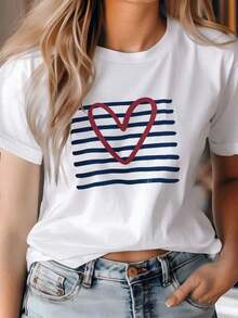 Camia de manga corta con cuello redondo para mujer, lavable, de fácil cuidado, diseño casual con estampado de letras, corazones y rayas, diseño fácil y elegante, estampado de verano 2026, nueva camia para viajes y uso diario, transpirable y cómoda. - Blanco - Ver 1