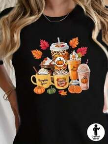 Camia Gráfica para Mujer con Estampado de Especias de Calabaza y Bebidas Otoñales - Camia Casual de Manga Corta y Cuello Redondo con Estampado de Hojas de Otoño, Latte de Especias de Calabaza y Sidro de Manzana, Silueta en H para el Trabajo, el Hogar y el Ocio, Camia de Acción de Gracias, Ajuste Cómodo, Camias de Otoño, Atuendo Casual, Camia de Corte Relajado, Tela Duradera, Moda de Temporada, Material Acogedor, Top Estampado, Ropa de Otoño, Transpirable y Cómoda - Negro - Ver 6