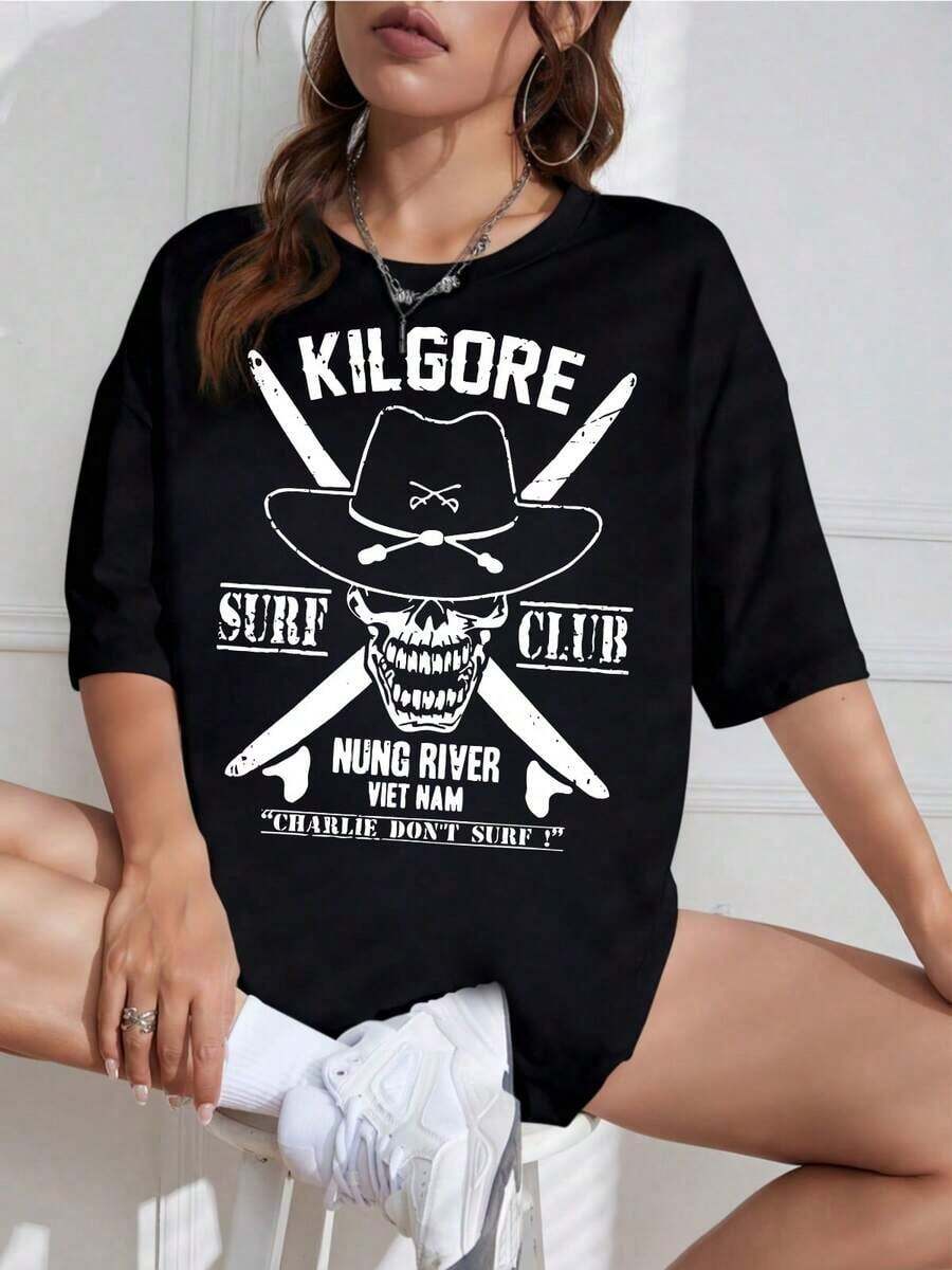 Playera Oversize Mujer con Gráfico Retro de Rock, Estilo Grunge Casual - Negro - Ver 1