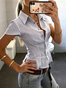 Camisa ajustada de mujer con cuello polo y manga corta - Azul - Ver 3