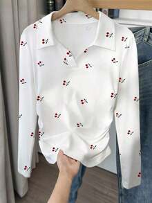 Camiseta blanca de manga larga para mujer con estampado de cerezas rojas dulces, cuello polo, cintura ajustada.Perfecta para el otoño.Nuevo estilo, camiseta de moda.Regalo para vacaciones, regalo para hermanos, regalo para hermana, regalo para mamá, regalo para el Día de la Madre.Informal, minimalista, top con estilo. - Blanco 3 - Ver 3