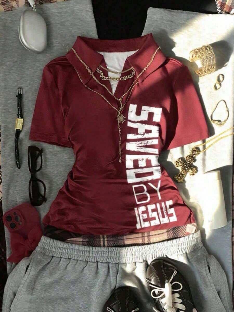 Blusa de cuello polo con estampado retro de los años 2000 para mujer, de estilo casual y a la moda, adecuada para uso diario, fiestas y festivales de música. - Multicolor 7 - Ver 1
