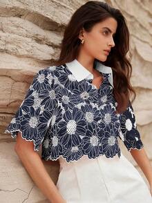 Aveloria Zanirela Blusa elegante de mujer con bordado aleatorio de margaritas y calado - Verde Oliva - Ver 7