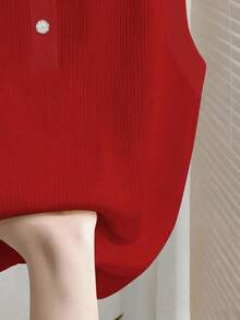 Camiseta sin mangas acanalada casual y elegante con cuello polo para mujer - Rojo - Ver 4