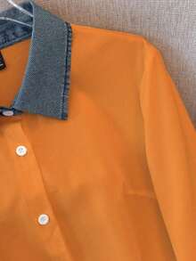 Camisa de efecto de mezclilla de parchwork casual para mujer, otoño/invierno - Naranja - Ver 4