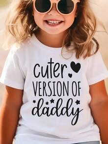 1 pieza de camiseta de manga corta para niñas, estilo veraniego, con elementos de estrellas y corazones, estampado de la linda palabra "Daddy", top casual versátil DX2842180g 100% algodón. - Blanco - Ver 6