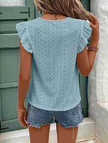Frenchy Camiseta con cuello redondo y adorno de encaje con volantes y bordado de ojal - Azul - Ver 3