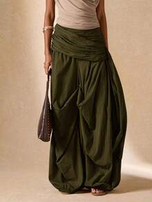 Pantalones sueltos y plisados de unicolor para uso diario de mujer - Verde militar - Ver 5