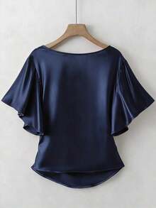 Blusa de satén elegante, blusa de manga corta, blusa de cuello en V, blusa de uso diario - Azul marino - Ver 2