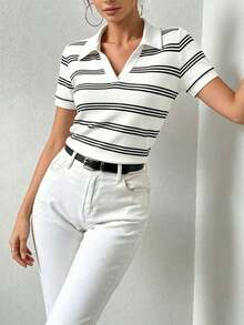 Camiseta de mujer con cuello polo, manga corta, estampado de lunares y parches - Blanco - Ver 4