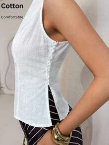 Camisa blanca sin mangas de algodón y lino, ajustada, con botones de nudo de bambú, estilo vintage para oficina - Blanco 2 - Ver 7
