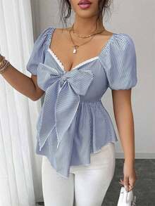 Elenzya Nueva llegada Blusa casual de uso diario para mujer con diseño minimalista, cuello cuadrado, lazo en la cintura y rayas azul francés y blancas - Azul y blanco - Ver 6