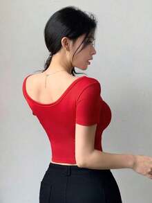 Camiseta informal de manga corta de mujer de ajuste ceñido de unicolor con cuello redondo, tops cortos de mujer - Rojo - Ver 3