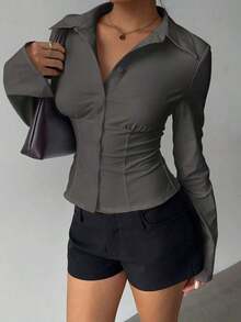AYYAloruh Camisa de mujer de manga corta con pliegues en la cintura, de color blanco sólido y elegante, versátil, adecuada para ir al trabajo, uso diario, primavera/veranoAYY - Gris - Ver 9