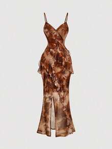 Vestido largo con abertura alta, cuello en V y volantes, con estampado de teñido anudado, vestidos de verano para mujer, vestidos en tonos pastel, vestido de fiesta, atuendo de fiesta, vestido de playa, atuendos de playa para mujer, vestidos ele - Marrón - Ver 4