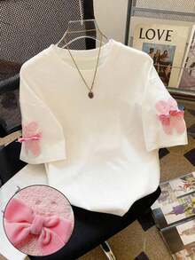 Camiseta de mujer de cuello redondo, hombros caídos, de largo medio, con estampado digital a rayas, de estilo minimalista y moderno, como regalo para amigos - Blanco - Ver 1