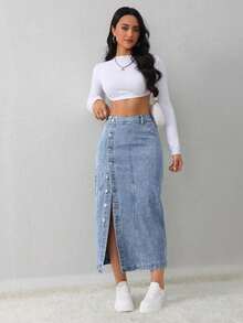 Tall Falda vaquera casual y suelta con abertura lateral, falda midi azul para mujeres altas, falda azul claro, falda azul, ropa de invierno para mujeres - Lavado ligero - Ver 4