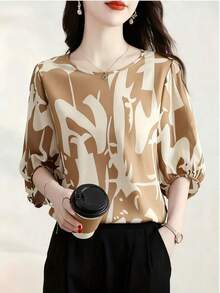 1 pieza Blusa elegante y casual minimalista de mujer con cuello redondo y manga media, con estampado, adecuada para uso diario y vacaciones, primavera/verano/otoño - Color albaricoque intenso - Ver 5