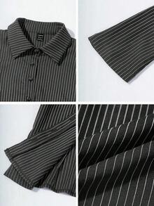 Camisa elegante de manga larga con rayas azules y blancas de corte slim para uso diario, estilo francés para mujeres - Gris Oscuro - Ver 8
