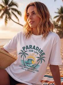 Women's Casual White Knit T-Shirt With Playlife Graphic Print Short Drop Shoulder Sleeve Round Neck Top BLR4 - 白色的 - 查看 1