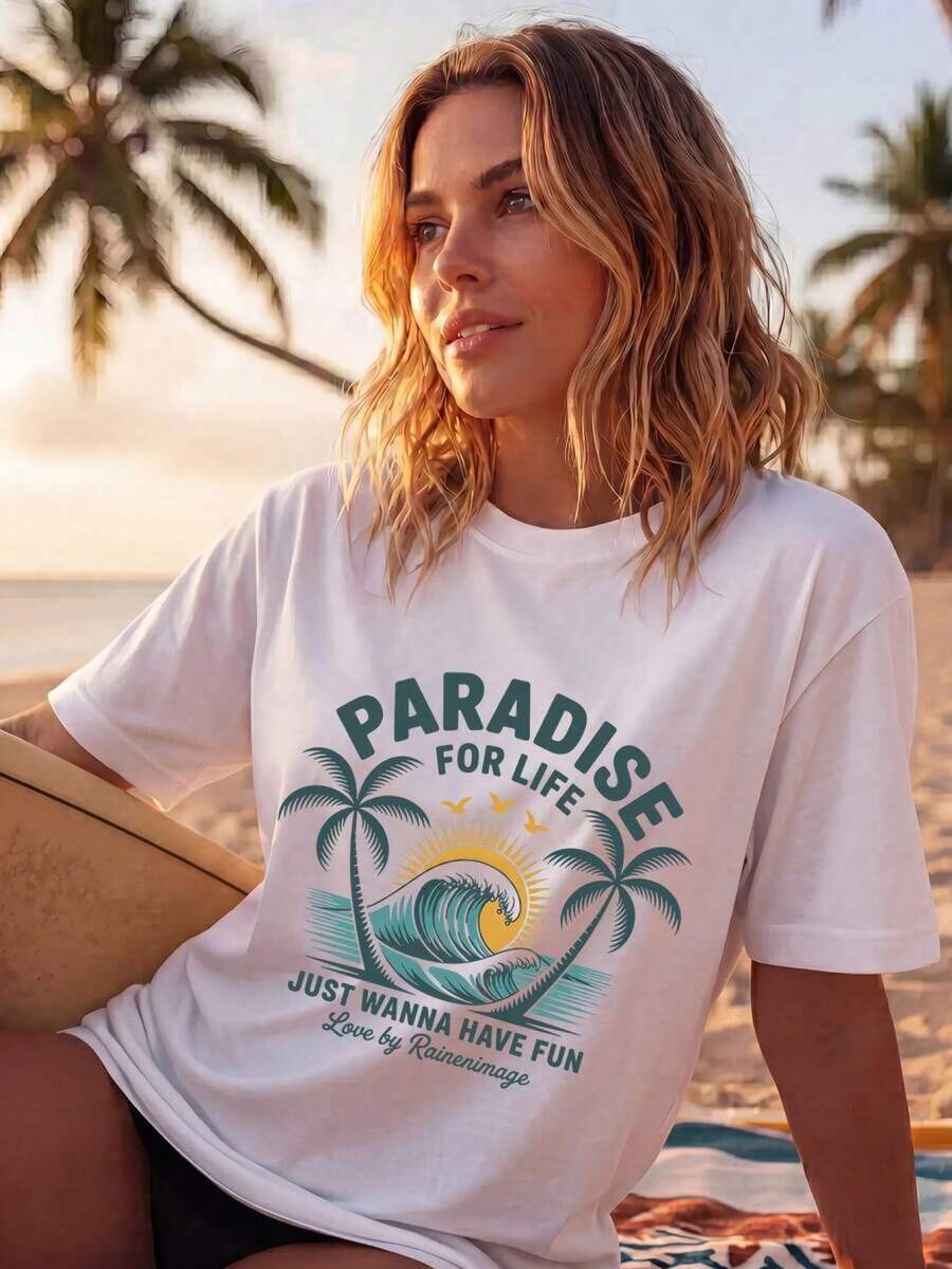 Women's Casual White Knit T-Shirt With Playlife Graphic Print Short Drop Shoulder Sleeve Round Neck Top BLR4 - 白色的 - 查看 1