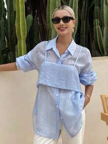 Camisa holgada casual a rayas para mujer, nueva llegada para el otoño - Azul - Ver 7