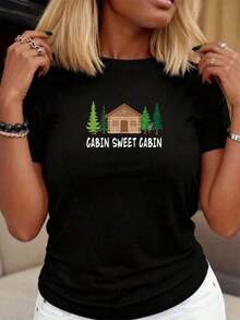 Camiseta de cabaña de madera dulce amante de la cabaña propietario camping bosque árboles de pino camiseta de ejercicio al aire libre para mujeres camisetas gráficas - Negro - Ver 5