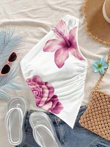 asimétrica con hombro descubierto de color amarillo pálido, adecuada para vacaciones de verano - Blanco 3 - Ver 5
