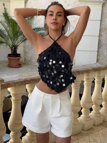Top halter con espalda descubierta y lentejuelas sexy para mujer, atuendos de verano, ropa de verano, atuendos de playa para mujer, atuendos de vacaciones, atuendos bohemios tropicales de vacaciones, ropa de mujer, atuendos de concierto, atuendos de rave de mujer, atuendos de festival, atuendos de concierto country, atuendos de Ibiza, atuendos de Nashville, ropa occidental para mujer, ropa occidental bohemia, streetwear tropical, gyaru occidental, tops de verano lindos - Negro - Ver 4
