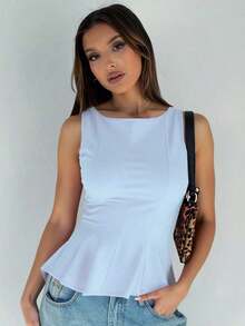 1 pieza Blusa de punto con volantes en el bajo, Uso casual de verano en color rosa - azul cielo - Ver 6