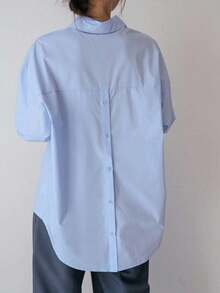 -Less Camisa de mujer de manga larga de un solo pecho, de unicolor, de hombros caídos, para uso casual y de negocios - Celeste - Ver 8