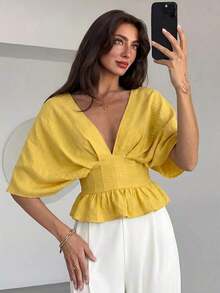 Blusa de manga de murciélago de unicolor elegante para mujer, de verano - Amarillo claro - Ver 6