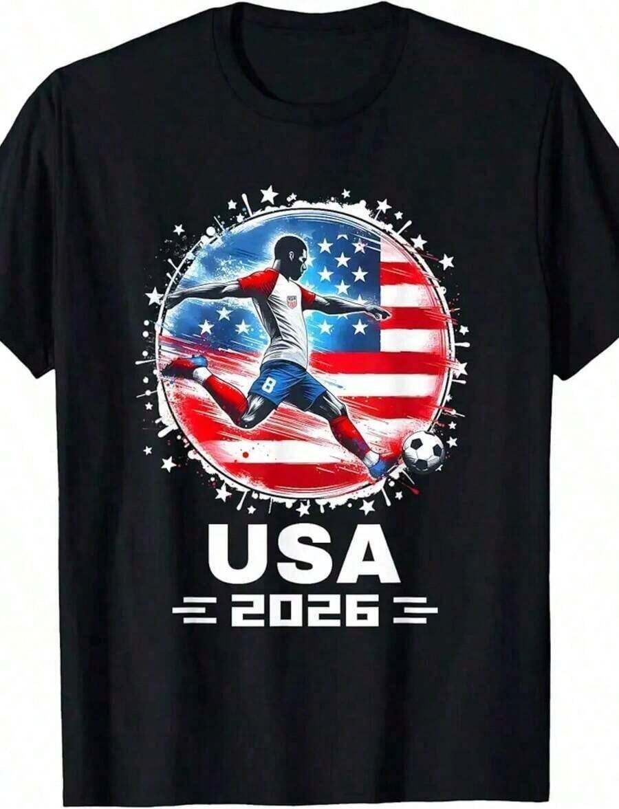 Camisetas de Verano 2026 Unisex de Algodón Puro, Camisetas Estampadas para Hombre y Mujer, Patrón de la Copa Mundial 2026 (EE. UU., Canadá, México), Estilo Deportivo Casual, Ropa de Verano - Blanco - Ver 1