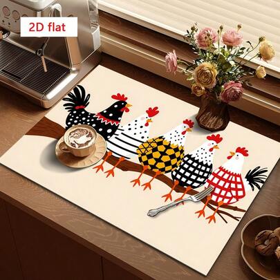 1pc Geometric Rooster Pattern Dish Drying Mat, Absorbent Trivet For Coffee Maker, Suitable For Dining Table And Cafe, Multipurpose Drainage Pad, Home Gift, Desktop Decor