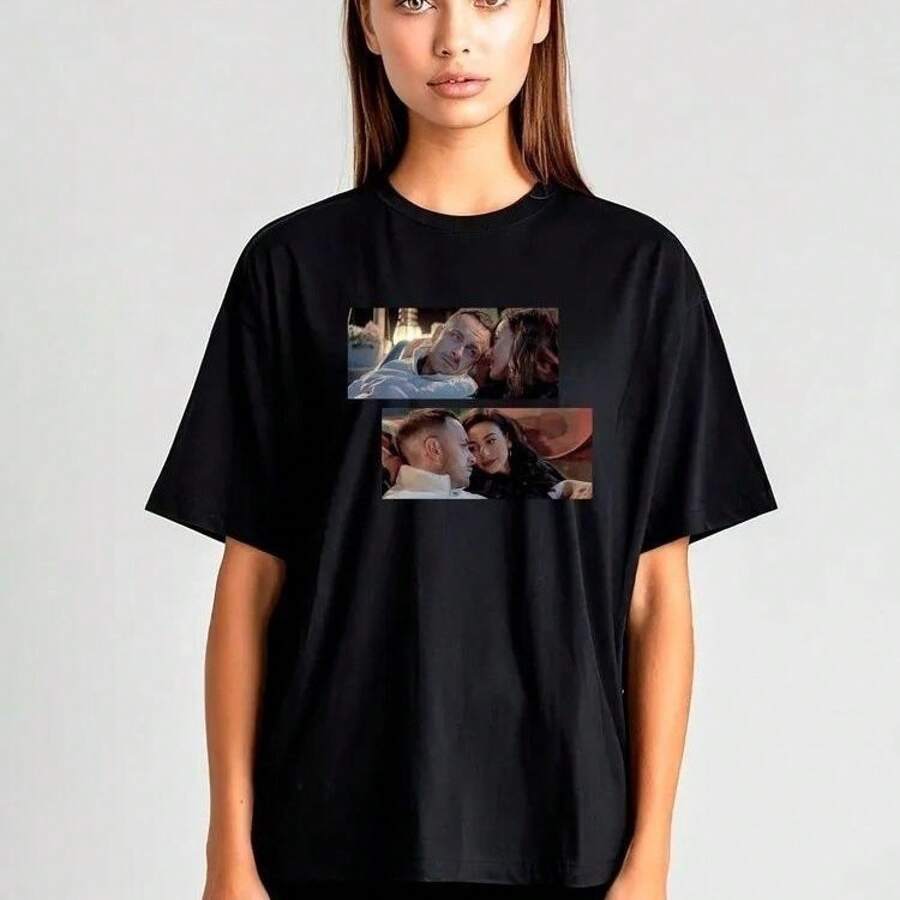Camiseta de algodón holgada con estampado de parejas de cine y televisión, estilo nuevo de verano, versátil, casual, de cuello redondo, cómoda y transpirable, de manga corta. - Blanco - Ver 1