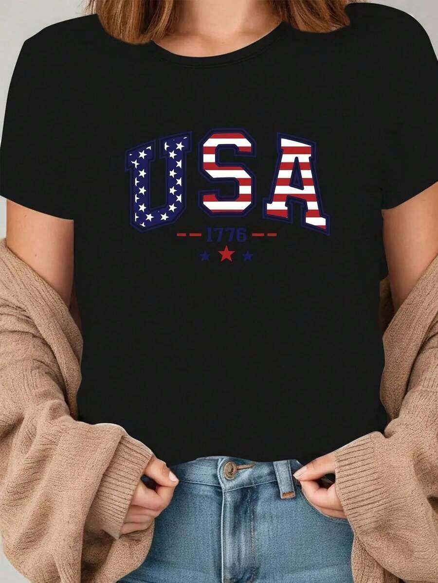 Camiseta con temática del Día de la Independencia |   Diseño de Estrellas y Barras, Estilo Patriótico a la Moda, Adecuado para Vestir en Días Festivos, Cuello Redondo, Corte Regular - Negro - Ver 1