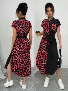 Vestido largo de manga corta para verano 2025, nuevo, con bolsillo, abertura lateral, cinturón y lazo, estampado de leopardo, para uso casual y de viaje - Rojo 2 - Ver 8