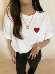 Women's Round Neck T-Shirt, Casual Short Sleeve Top With Heart Print, Summer - 白色 2 - 查看 2