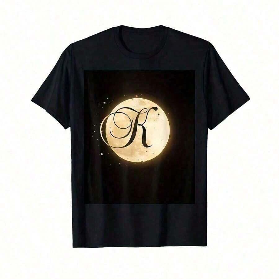 Camiseta Romántica con Monograma de la Luna Llena y la Letra Inicial K + Regalos para Esposa, Camiseta de Moda con Estampado de Graffiti Urbano, Anime y Dibujos Animados, Camisetas Gráficas de Verano, Halloween, Algodón, Divertidas_365T_Retro de los 90 para Todos los Géneros - Negro - Ver 1